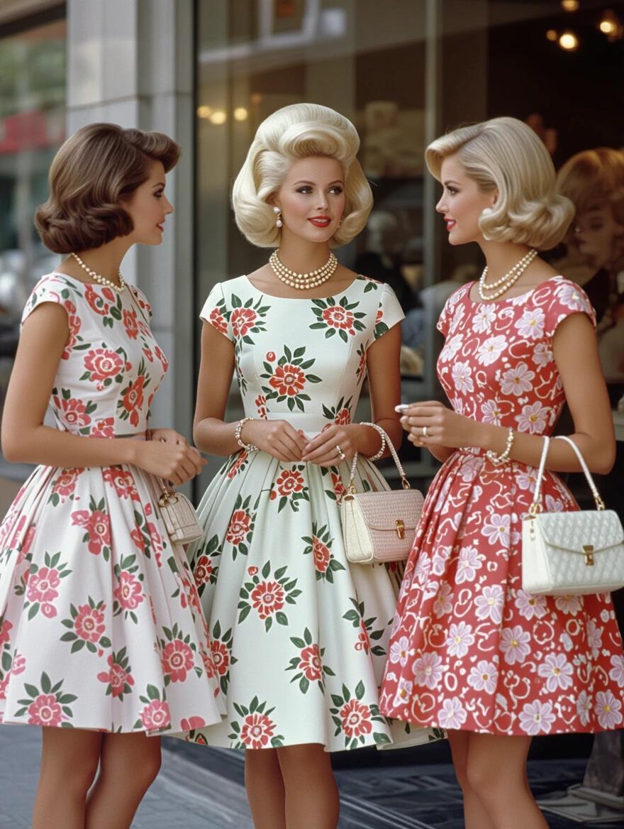 Three women in floral dresses are window shopping. They are chatting with each other. Dresses are diverse in design and color. Accessories include white purses and pearl jewelry. Hair is styled in voluminous platinum blonde looks. Scene depicts mid-century sophistication with soft lighting.