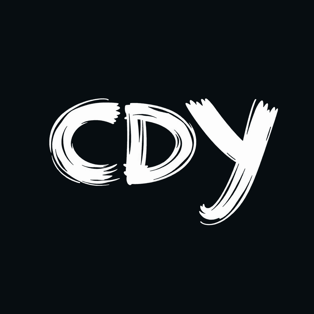 The image features the letters 'CDY' prominently displayed against a black background. Each letter appears to be hand-painted or drawn, with a bold brushstroke style that gives it a dynamic and expressive look. The white color of the letters contrasts sharply with the dark backdrop, making them stand out. The rough edges and varied thickness of the strokes add an artistic, energetic feel to the composition.