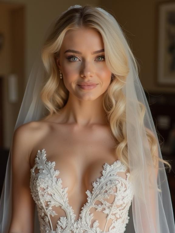 Beautiful bride with blonde hair wearing an elegant dress. The dress features intricate lace and a deep neckline. The bride is smiling playfully and appears ready for her wedding. Soft lighting enhances her features and gives a romantic feel to the image.