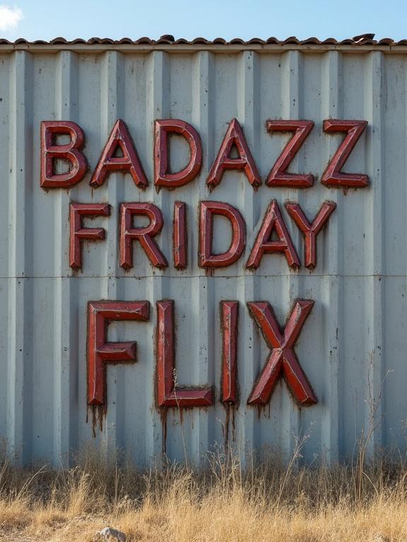 A big sheet metal wall features the words BADAZZ FRIDAY FLIX indented into the surface.