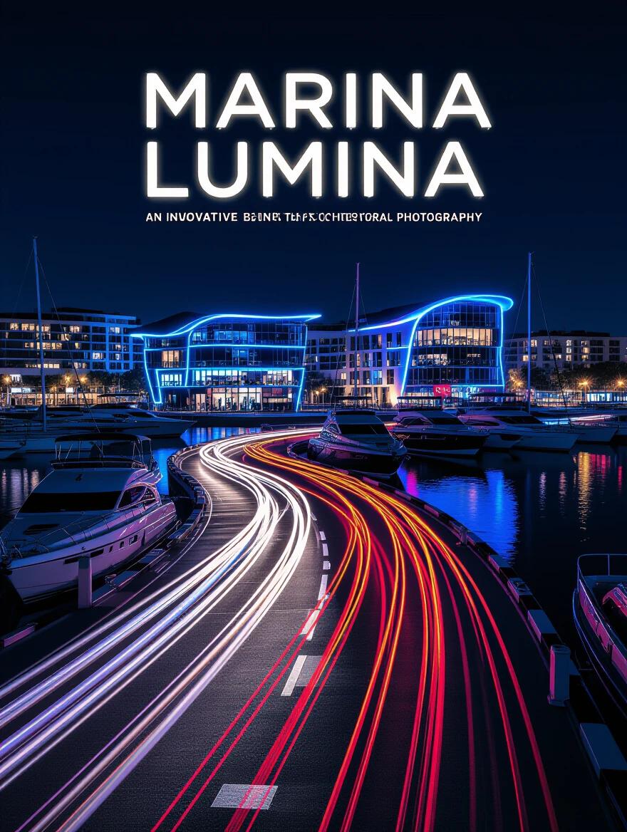 Poster design for Marina Lumina sets in a marina at night. Showcases light trails from cars and yachts. Features bright neon lights from buildings. Creates an innovative blend of light art and architecture. Digital art with high contrast colors. Evokes a futuristic vibe.