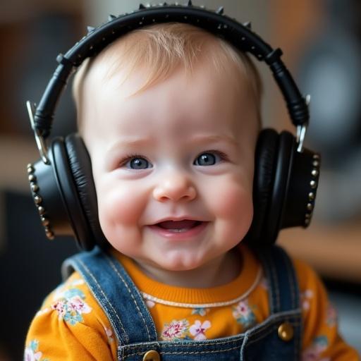 Cute baby wearing colorful European-style clothes. Baby has chubby cheeks and a gentle smile. Baby looks at the camera with confidence. Wears large black metal-studded headphones. Soft natural lighting highlights the face. Background features softly blurred music studio hints.