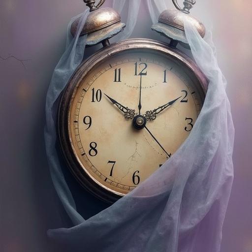 A weathered clock partially covered by a translucent veil. The clock features cracks and golden accents. The veil has silver and blue gradients. The background fades from lavender to sepia. Light reflects gently on the clock, symbolizing time's passage. Style is painterly and surreal with soft transition effects.