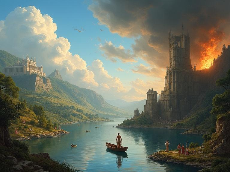 Lush idyllic landscape juxtaposed with chaotic ominous scenery. Bright blue sky with clouds on the left side showing peace. Dark, smoky skies filled with fire on the right indicating destruction. Man in a boat in the center, representing a transitional moment. Water acts as a dividing line between tranquility and chaos with islands. Ethereal beings on left, human distress on right adding complexity to imagery.