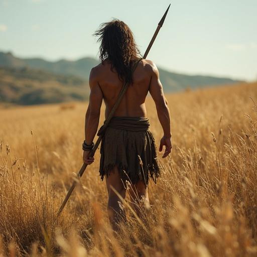 Caveman wearing leather clothes with a spear hunting for food in the open fields. The scene depicts a natural landscape with tall grass under a clear sky.