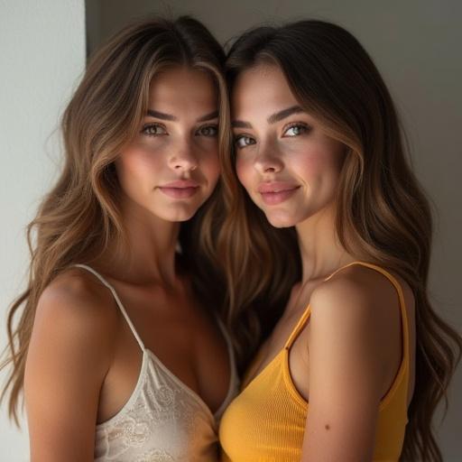 Two young women appear to be posing together. They smile and exude a friendly vibe. Their hair is styled beautifully. They wear light, feminine attire, creating a soft aesthetic. They stand close together against a softly blurred background.