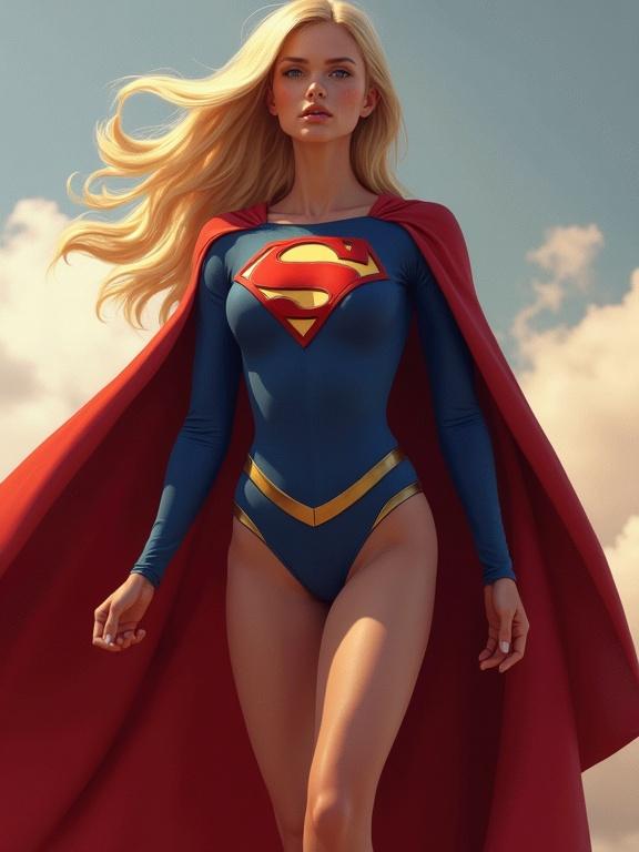 Full body depiction of a superheroine in a blue and red costume with a cape. She has long blond hair and exudes confidence.