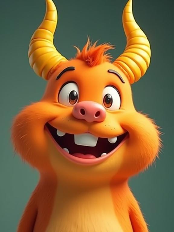 Cartoon character with rounded face. Character has a porky nose and expressive eyes typical of 40s cartoons. Two yellow rounded horns on head. Character has a big smile and orange skin.