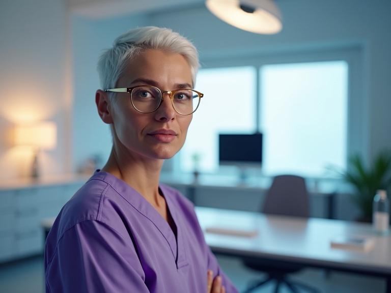 Image of a young plastic surgeon with white hair. The surgeon wears golden-rimmed glasses and purple scrubs. The surgeon holds a dermal filler syringe with a droplet. The background blends modern office and well-lit operation theatre. Soft blue-orange gradient overlays the background.