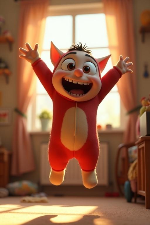 3D cartoon humanoid creature with oversized eyes and huge ears. The creature has sharp little teeth and is jumping up with arms in the air. The setting is a messy bedroom with sunlight coming through curtains. It wears a superhero onesie and displays ecstatic joy. The animation style is exaggerated, and the lighting is cinematic with a shallow depth of field.