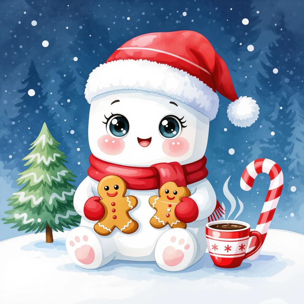 Watercolor art of cute character. White marshmallow with big eyes. Wearing red and white hat. Holding gingerbread cookie and cup of hot chocolate. Sitting on snowy background. Includes a pine tree and a candy cane. Christmas scene with vibrant colors.