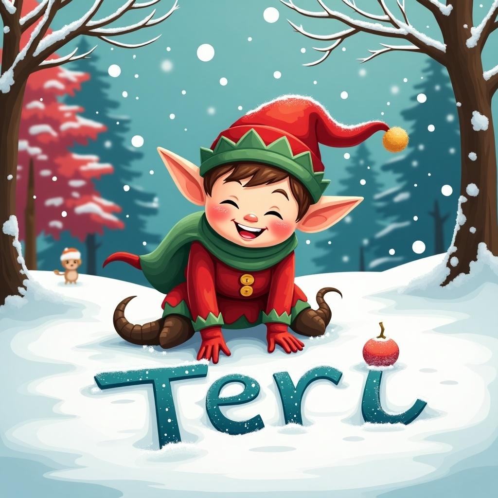 A mischievous elf character plays in the snow and writes the name Terri. The elf has a smile and is dressed in bright holiday colors. Snowy forest background with cheerful atmosphere.