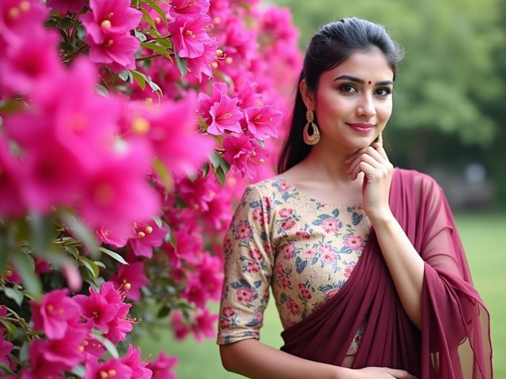 The image features a person standing among vibrant pink bougainvillea flowers. They are wearing a beautiful traditional outfit, consisting of a floral patterned top paired with a maroon dupatta draped elegantly over their shoulder. The background shows a serene outdoor setting that enhances the overall beauty of the scene. The person is posing gracefully with one hand near their neck while the other rests lightly on their hip. The colors of the outfit and the flowers complement each other, creating a stunning visual.