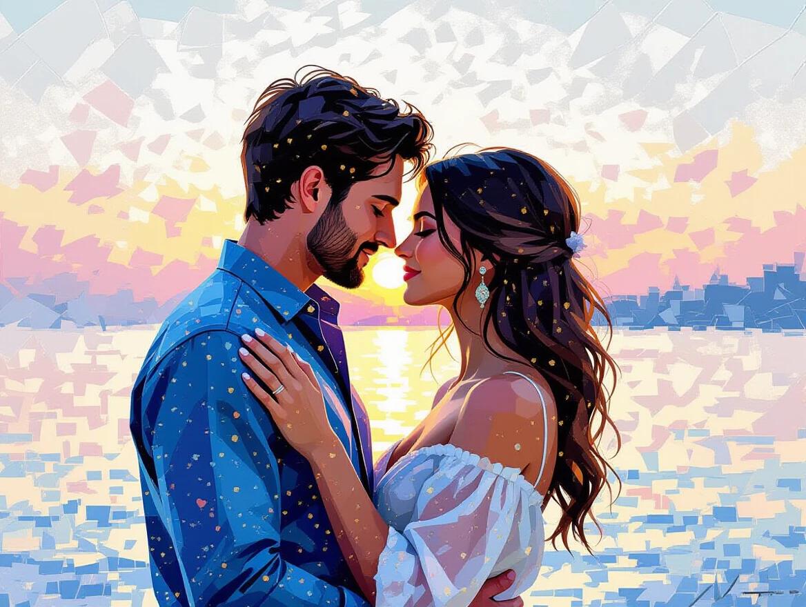 Pointillist portrait of a romantic love scene. Brightly composed with colored dots. Couple with touching faces surrounded by a serene morning light. Warm colors contrast with cool tones. The artwork balances realism and elegance.