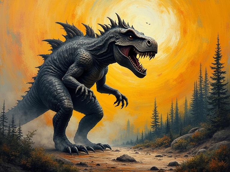 Dramatic depiction of a dinosaur in a surreal landscape. Neo-expressionist style with vibrant colors. Emphasizes the Jurassic period vibe.