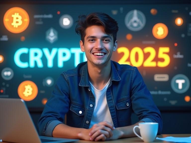 A young presenter with dark short hair smiles in front of a glowing crypto-themed backdrop. Casual blue jacket and white shirt enhance his friendly appearance. Laptop and coffee cup on the desk. Floating icons of Bitcoin and Ethereum highlight the theme. Background features bold text 'CRYPTO 2025'.