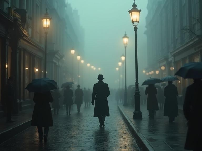 Fog-shrouded London street after World War I with dim gas lamps glowing in mist. Cobblestones are slick from rain. Sparse crowds in muted coats and hats huddle under umbrellas. Shopfronts are shuttered or dimly lit. A sense of quiet unease permeates the air.