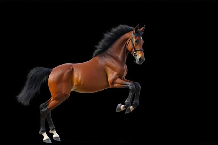 Dun horse is jumping against an isolated black background.