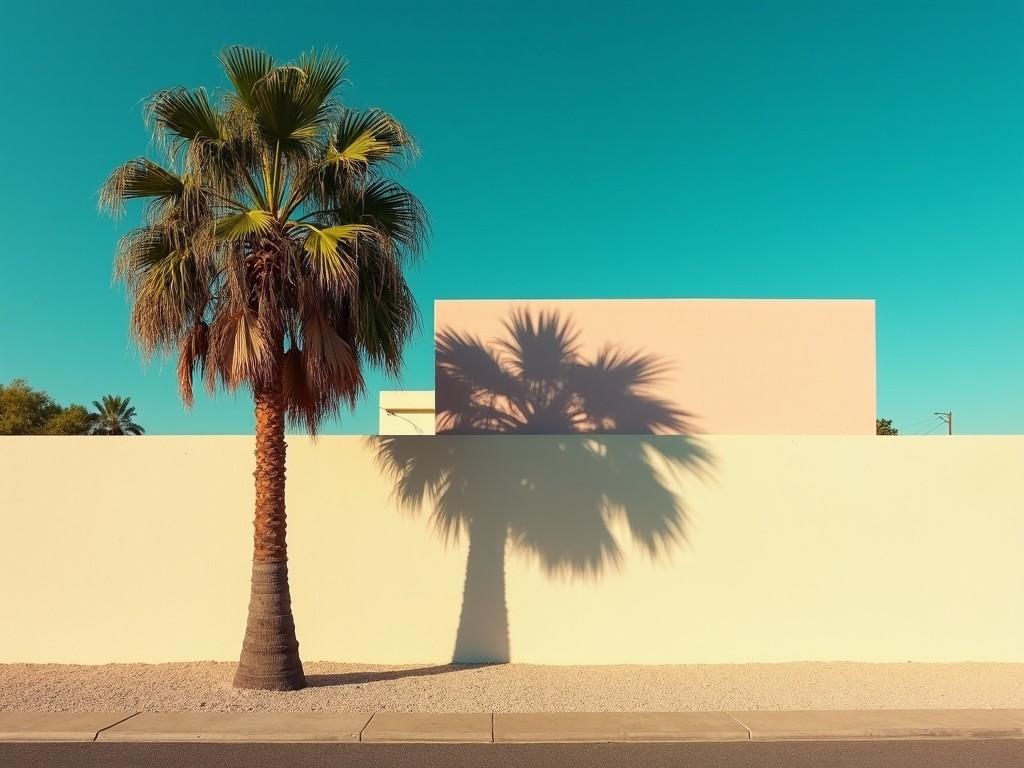 The image features a palm tree standing beside a smooth, pale wall under a bright blue sky. The tree casts a long shadow, contrasting against the geometric shapes of the wall. The warm sunlight highlights the tree's textures and the wall's color. The scene evokes a sense of tranquility and simplicity. The overall composition is minimalistic yet striking, capturing the essence of a sunny day in a tropical environment.