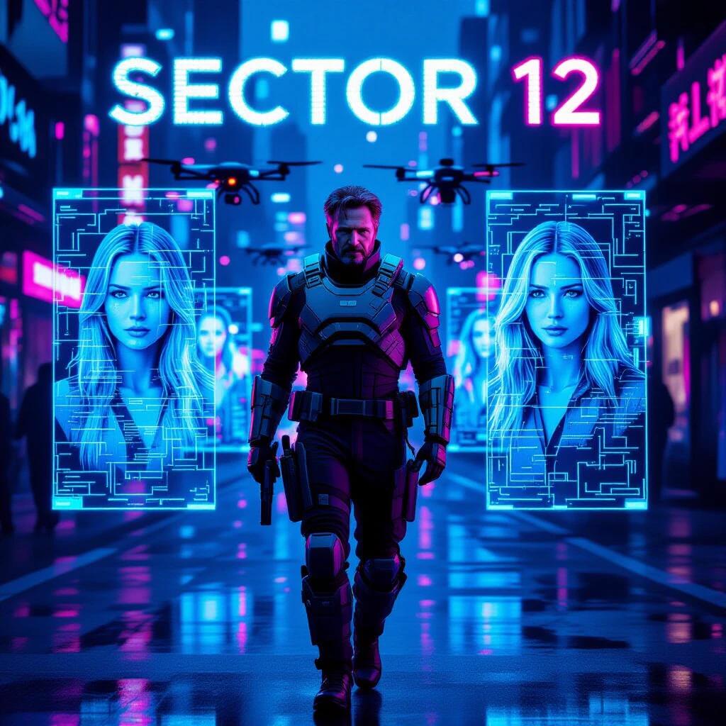Character in futuristic armor walks through city streets at night. Holographic projections of faces are on either side. The setting features neon lights and drones flying above.