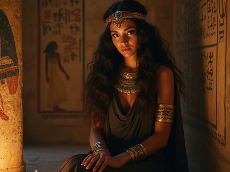 Medium shot digital painting of a regal ancient Egyptian queen seated in a tomb chamber. She has long dark wavy hair and striking light-colored eyes. Adorned in a dark gown and gold jewelry. Background has textured stone walls with hieroglyphs and faded artwork. Warm light creates a chiaroscuro effect, highlighting her features and attire.
