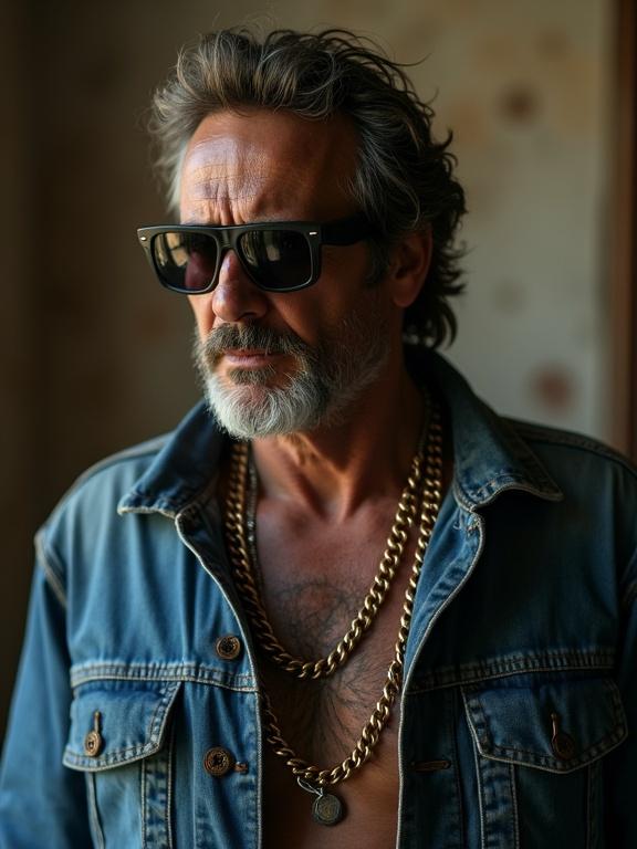 Middle aged man in a jean jacket featuring chains and sunglasses. The portrayal includes a menacing vibe with shaded light creating a dramatic effect. The focus is on realism and cinematic quality.