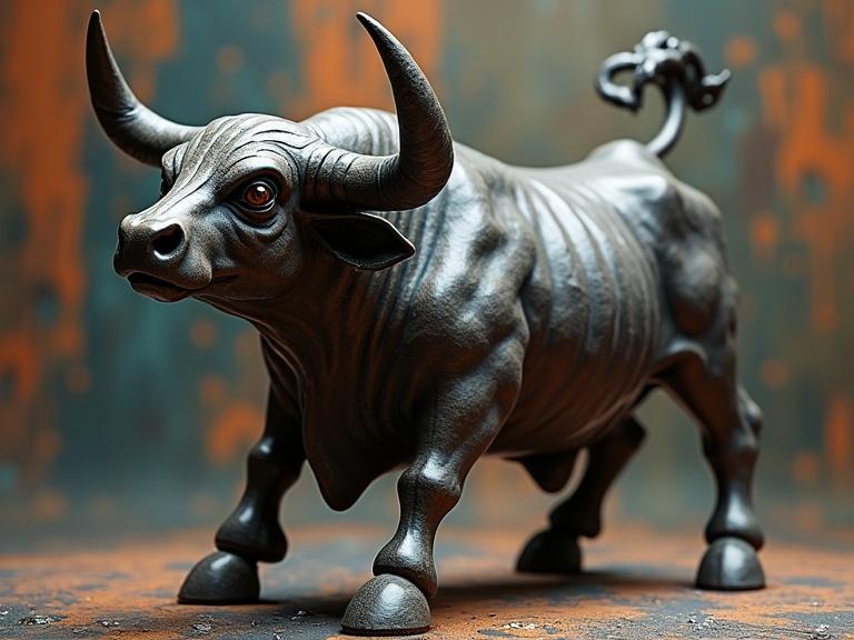 Ceramic bull in heroic pose against abstract backdrop. Blends dark gothic aesthetics with Art Deco style. 3D CGI rendering with color-clay texture.