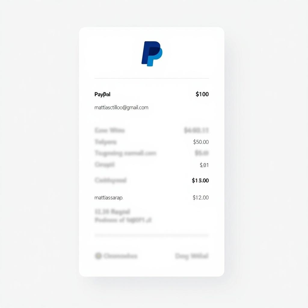 PayPal payment receipt with transaction details. Displays $100 transaction with email and account name. Minimalist design for online payments. PayPal logo at the top.