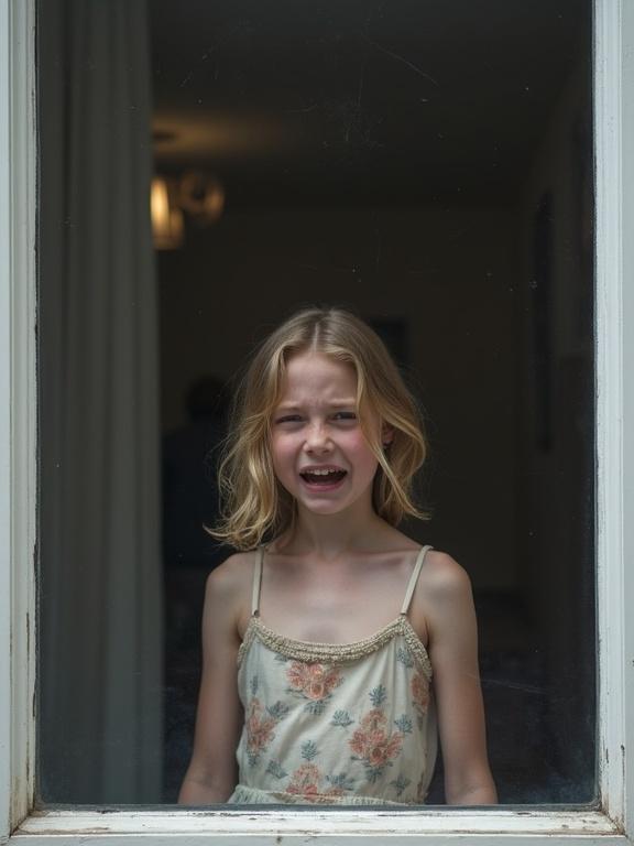 Street photography featuring a teen girl crying and expressing sadness behind a large window. The view is from the street, capturing her sorrowful expression during summertime.