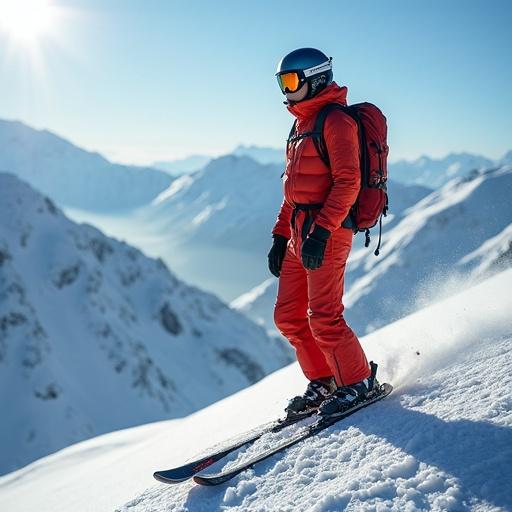 Young man in a ski suit descends a snowy mountain. Bright blue sky visible. Snow-covered peaks in the background. Winter atmosphere. Adventurous and energetic vibe.