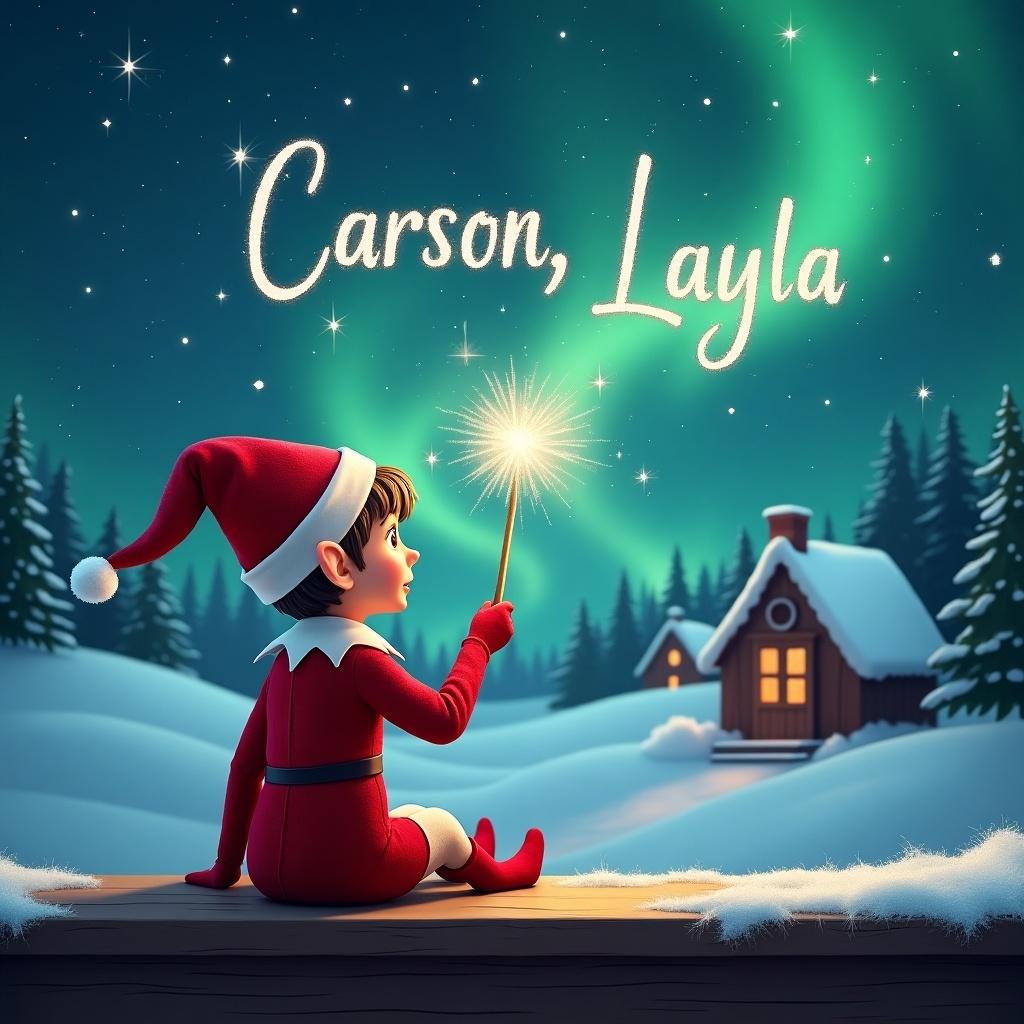 An elf on a wooden ledge gazes at a magical sky. The elf wears a red outfit and a pointed hat. It holds a sparkling wand, writing the names in the starry sky. The background has a snowy landscape with houses and evergreen trees under Northern Lights.