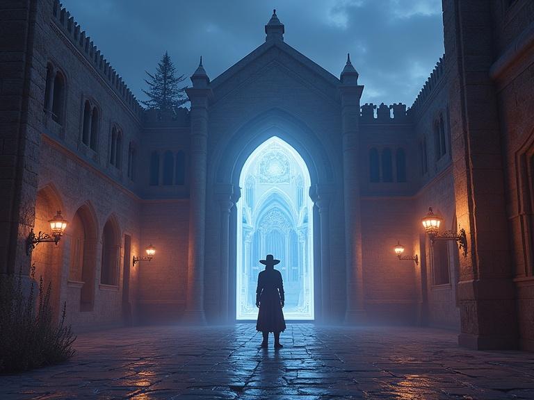 Set in a medieval fantasy castle courtyard. The scene features a figure in dark clothing. They stand in front of a glowing archway. 3D vertical holograms project images on a screen. The courtyard is foggy and eerie. The overall mood is atmospheric and mysterious.