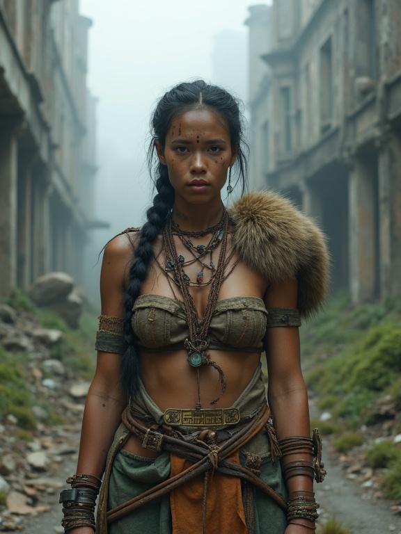 Photorealistic digital portrait of a female huntress standing among overgrown ruins of a collapsed city. She has weathered skin with tribal markings and ritual tattoos. Clothing made from handmade materials with bronze accents. Background features foggy streets and broken concrete. Lighting is cold and filtered through fog.