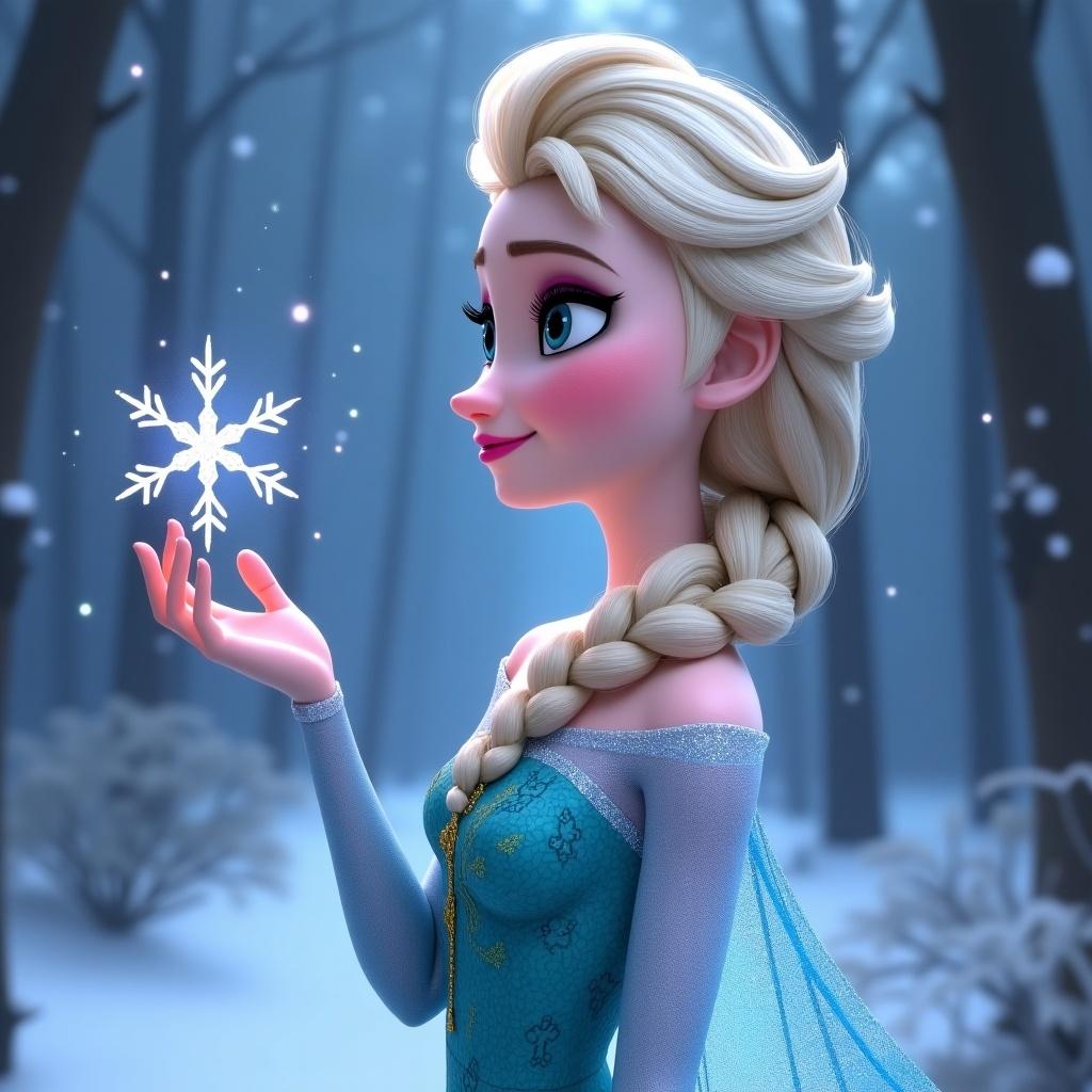 This image depicts Disney's Elsa from Frozen in a side view, gracefully holding a glowing snowflake in her right hand. Her braided platinum blonde hair elegantly flows down one shoulder. Set against a dreamy, snowy forest backdrop, the scene captures an ethereal vibe. The soft blue and white hues enhance the magical atmosphere surrounding her. With a gentle smile, Elsa embodies grace and majesty in this enchanting moment.