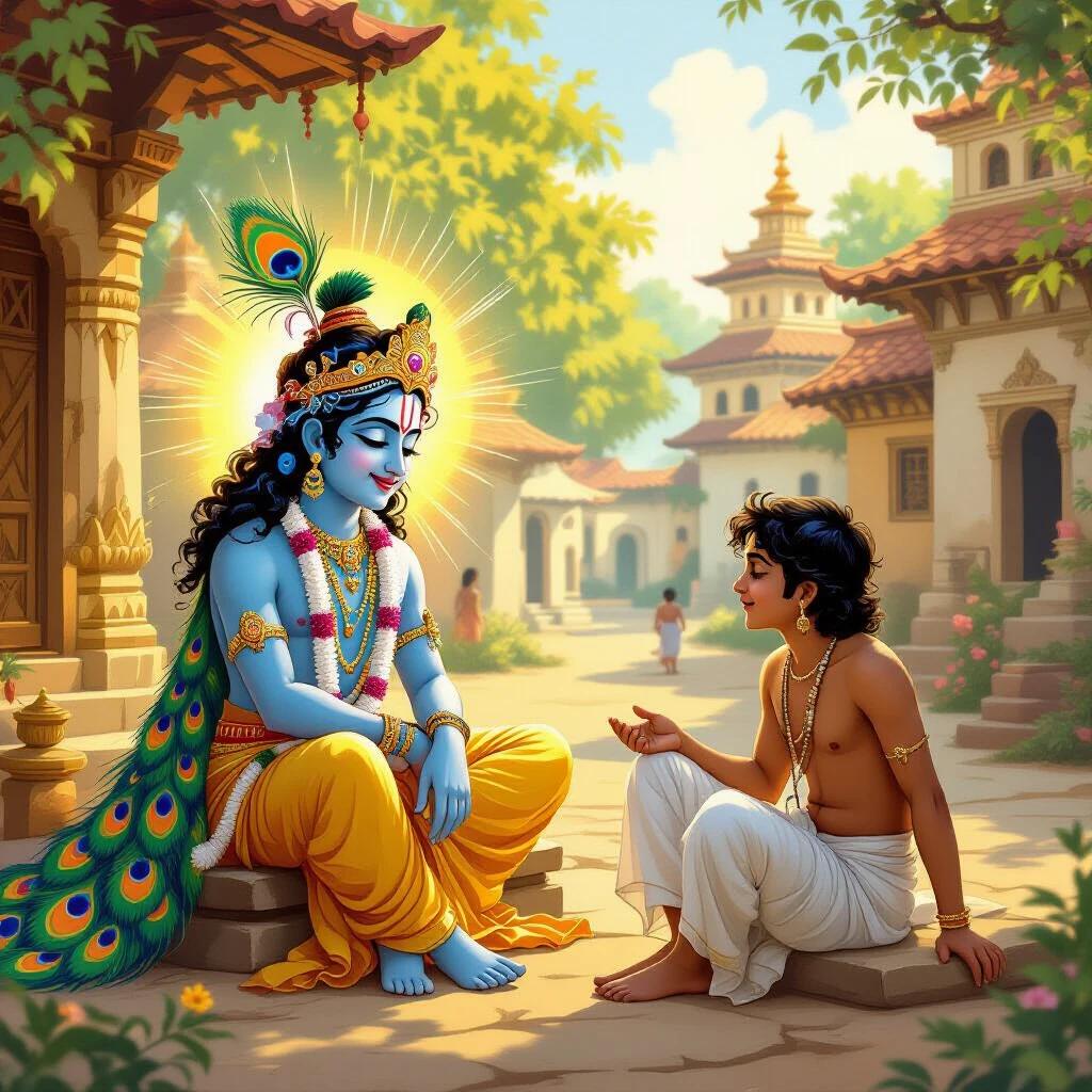 Illustration of a mythological scene showcasing Krishna with a heavenly aura and Sudhama in humble clothing in an ancient village setting. Bright colors and emotional expressions.