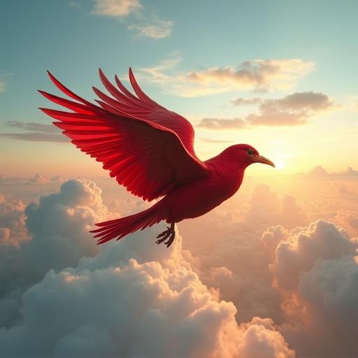 A vivid red bird flies gracefully in the sky. Fluffy white clouds surround it. The sun sets in the background, creating warm and colorful hues. The scene evokes feelings of freedom and wonder.