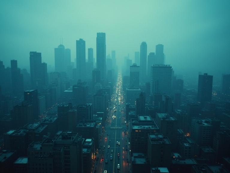 Aerial view of a city under a dark blue vintage filter. City appears in a foggy atmosphere with skyscrapers and lights.