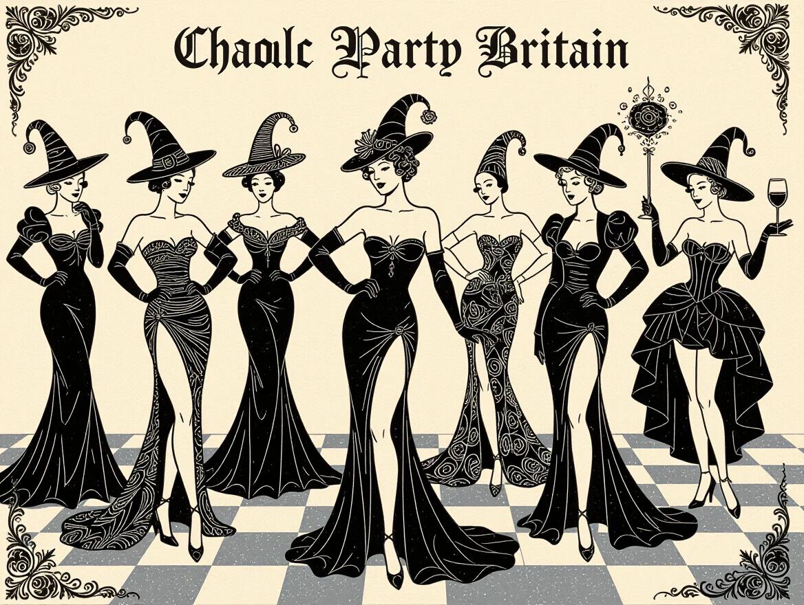 Stylized illustrations of women in gothic dresses and hats on a checkered floor. Elegant and artistic representation.
