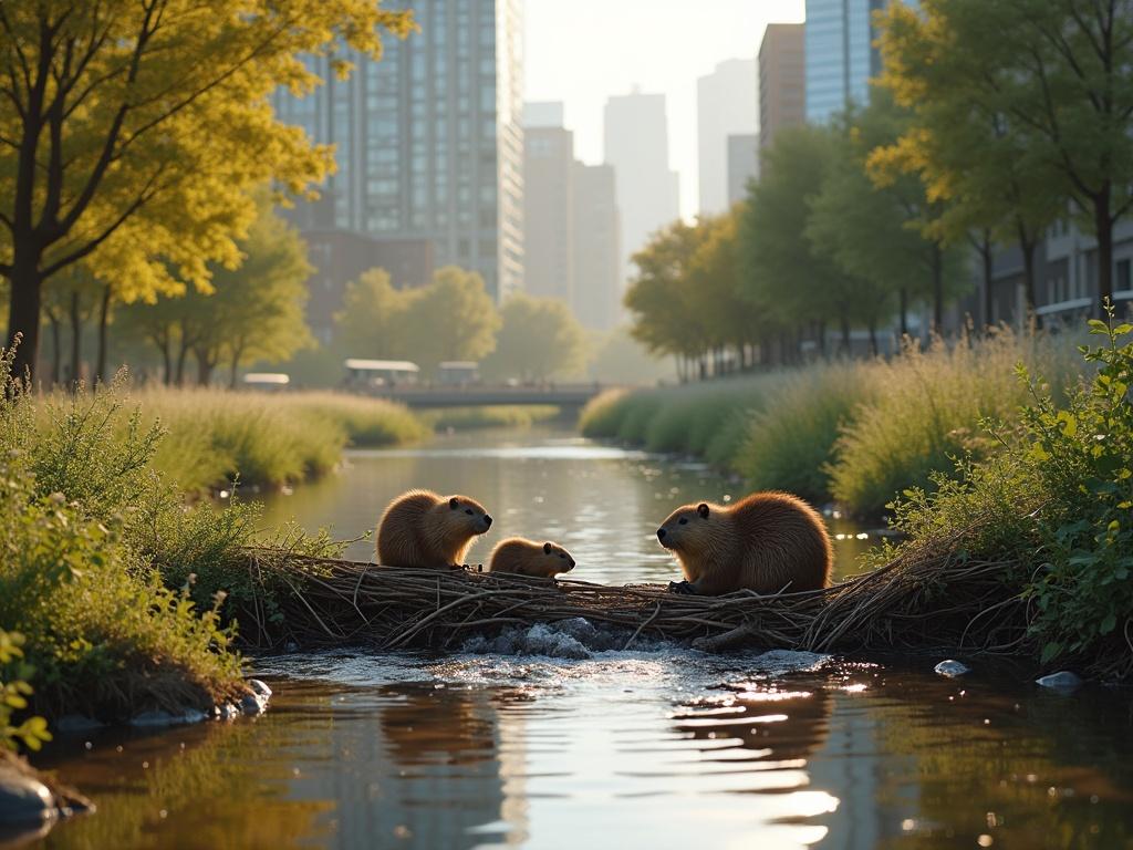 A picturesque urban creek winds through a modern cityscape. An adorable beaver family constructs a dam with twigs and branches. Baby beavers assist their parents. Water flows gently around their work. The scene is bathed in warm golden light reflecting off glass buildings and lush greenery. High detail ultra-realistic textures cinematic lighting 8K resolution.