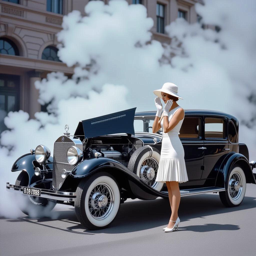Photorealistic image of a woman in a white short dress and cloche hat standing beside a 1928 Mercedes-Benz. She leans over the left-side fender with her palms on her cheeks, looking at the carburetor. The hood is fully opened showing the straight-six engine covered in steam. The scene captures a moment of comedic despair as clouds of steam erupt from a boiling radiator. Very sharp details and a misty mountain pass in the background.