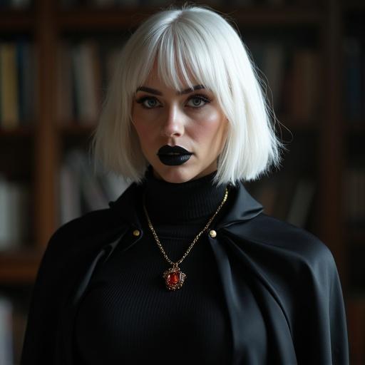 A woman stands in a dark academic office. She has a bobbed haircut with white hair. She wears a black sweater and a flowing black cape. Around her neck is a gold necklace with a red jewel. Her makeup includes black eyeliner and black lipstick.