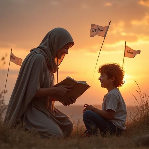 A mother offers a child a book titled 'Bilim'. The mother kneels while the child sits joyfully. Arrows labeled 'din' fly in the background, but they find shelter under a protective cover. The sunset sky creates a warm atmosphere.