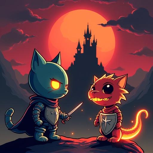 Picture in the style of the game Caphead. Character on the left is a cat wearing knight armor holding a sword and shield. Character opposite is a dragon breathing fire. Background features a castle, volcano, dark clouds, and red sun.