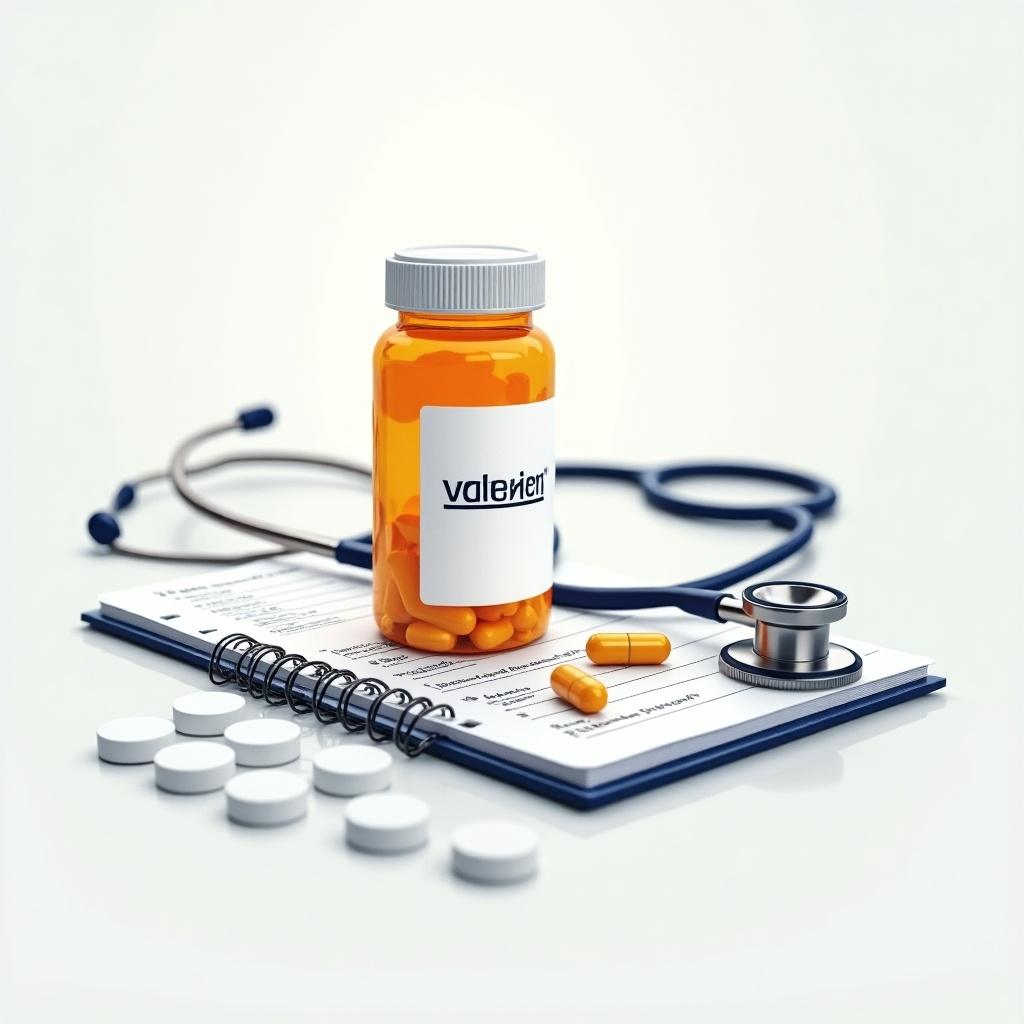 Prescription medicine on a clipboard. Orange bottle with capsules on a notepad. Stethoscope near the bottle. White background with soft shadows. Focus on medication and dosage information.