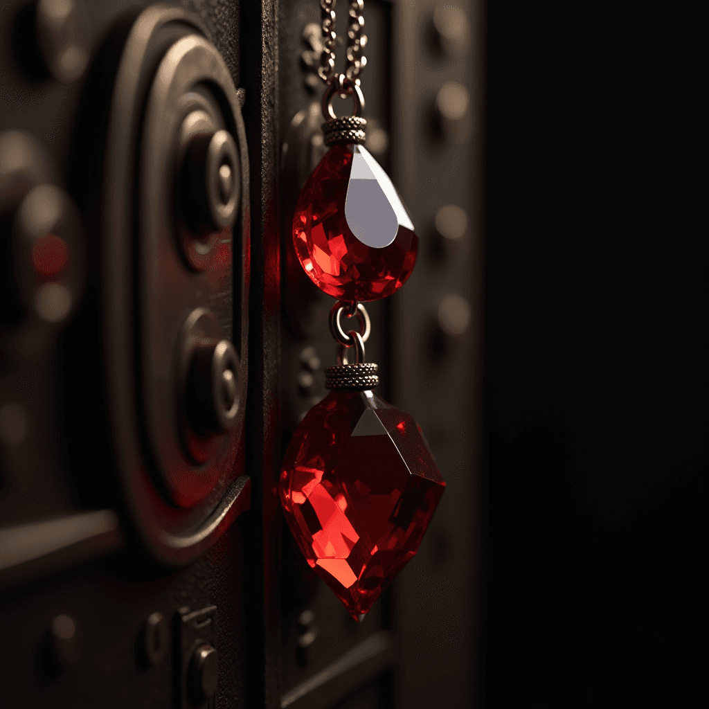 Red, teardrop-shaped gemstones hang elegantly against a dim, ornate background.