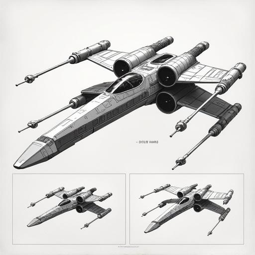 Illustration in technical drawing style of the Millennium Falcon from Star Wars. Main view shows detailed top view with realistic shading in gray. Secondary views include smaller schematic representations from different angles including an X-Wing, drawn in simpler line art style. Annotations and text boxes present. Light gray background.