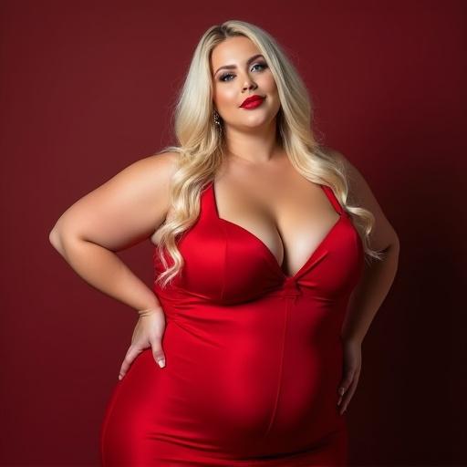 A confident and beautiful plus-size woman with blonde hair is wearing a red dress. She is posing in front of a solid red background. Her expression is bold and empowering.