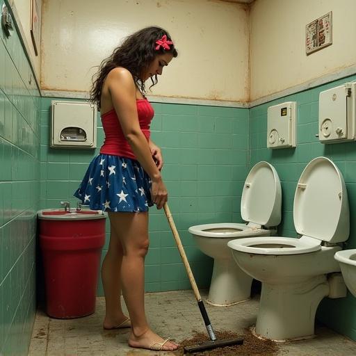 A humorous take on a woman dressed in red and blue attire cleaning a dirty public toilet with a mop. The scene highlights a playful twist on the superhero theme.