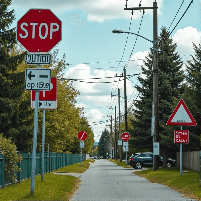 A narrow street with numerous road signs, including stop and directional signs, creating a cluttered look.