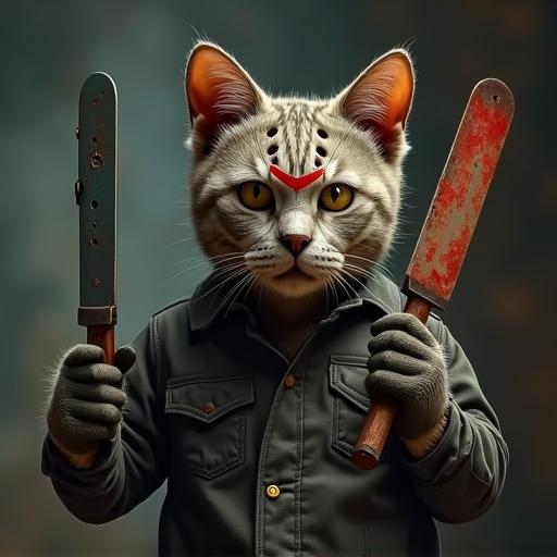A cat with a hockey mask is holding two machetes. Realistic style. Inspired by 80s horror movies. The cat is dressed in a gray shirt. The mood is playful yet eerie.